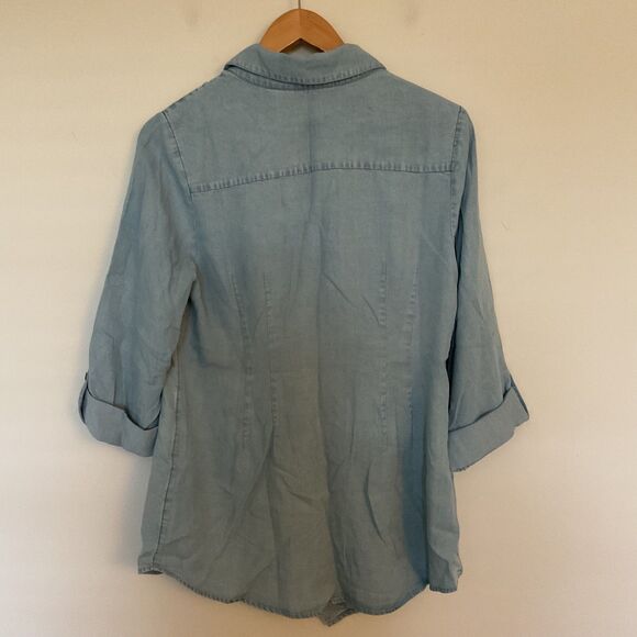 Soft Surroundings Washed Tencel Crossover Tunic Shirt M Light Wash Denim Blue - Picture 4 of 10